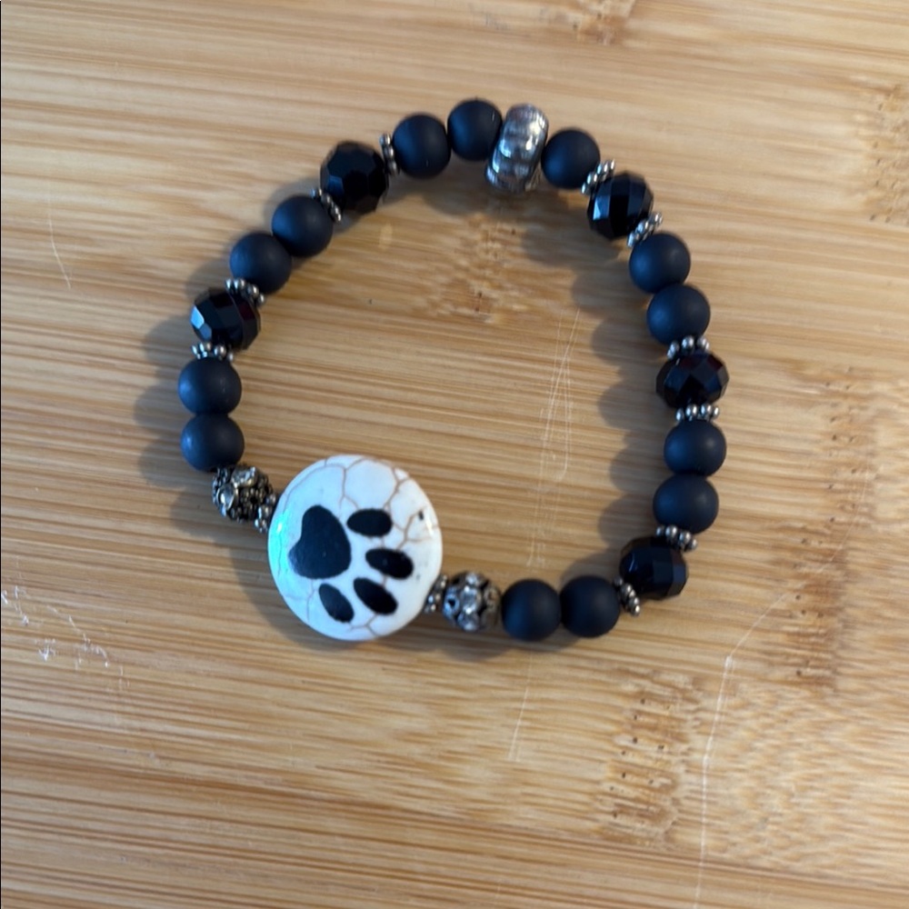 Black Beaded Bracelet with Paw Print Charm